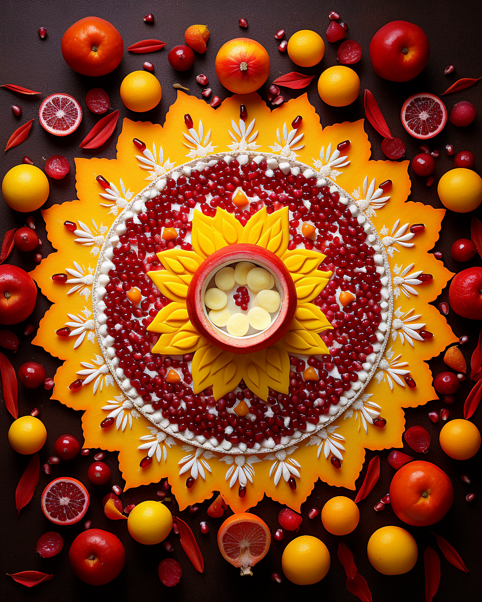 Diwali Mandala with Mango, Pomegranate Seeds, and Red Cherries