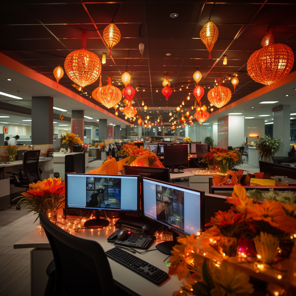 Modern workplace decorated for Diwali celebration