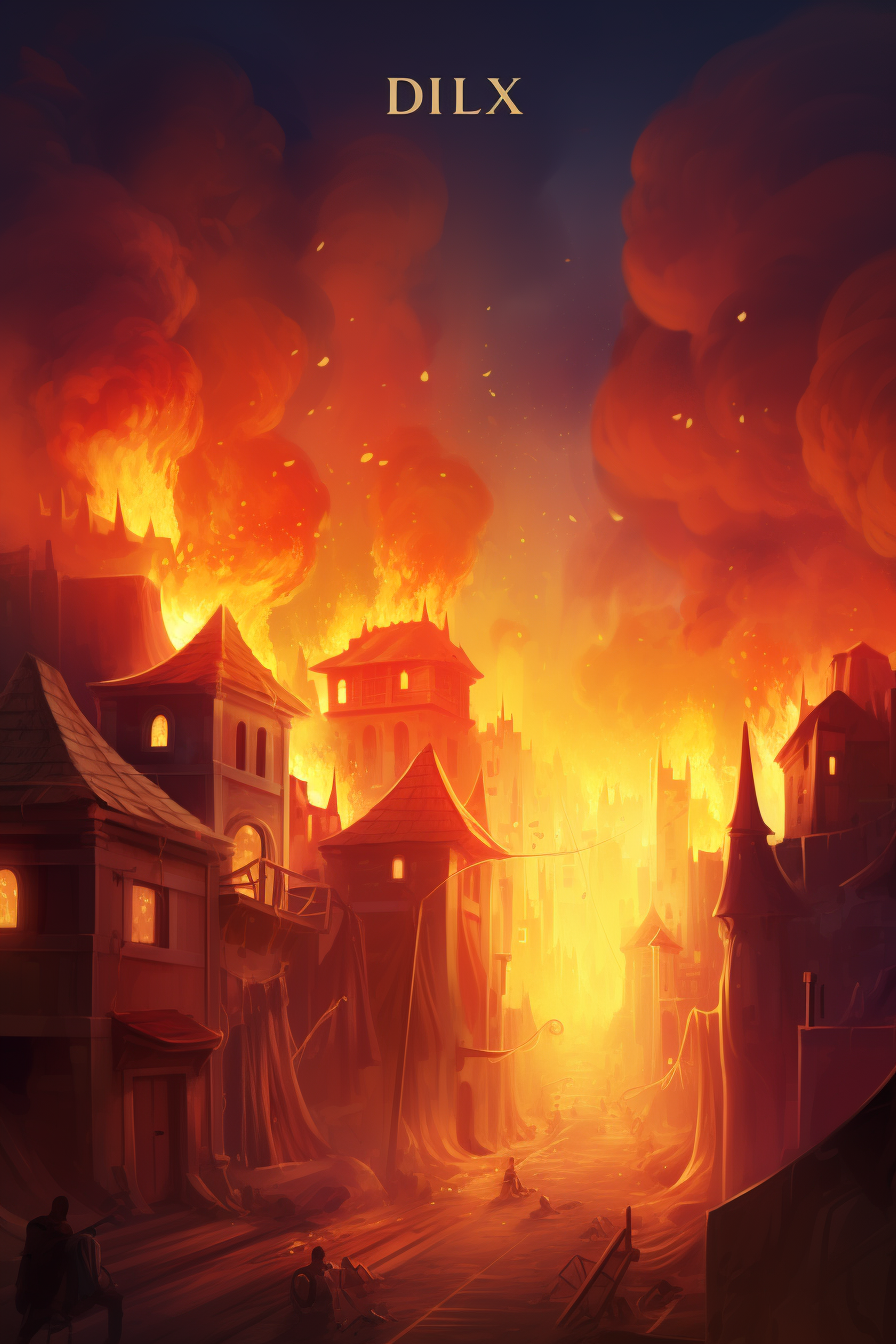 Burning buildings in Dixit Art Style