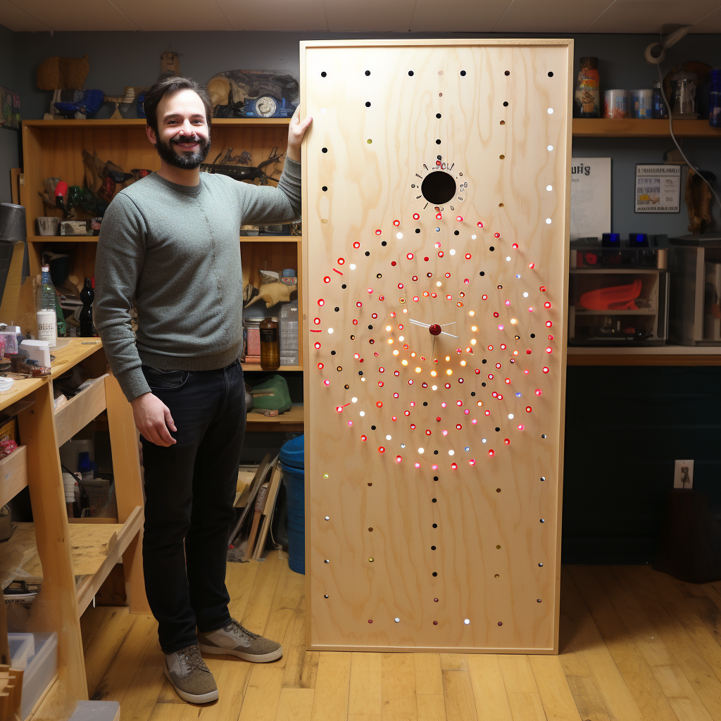 Man next to homemade Plinko board