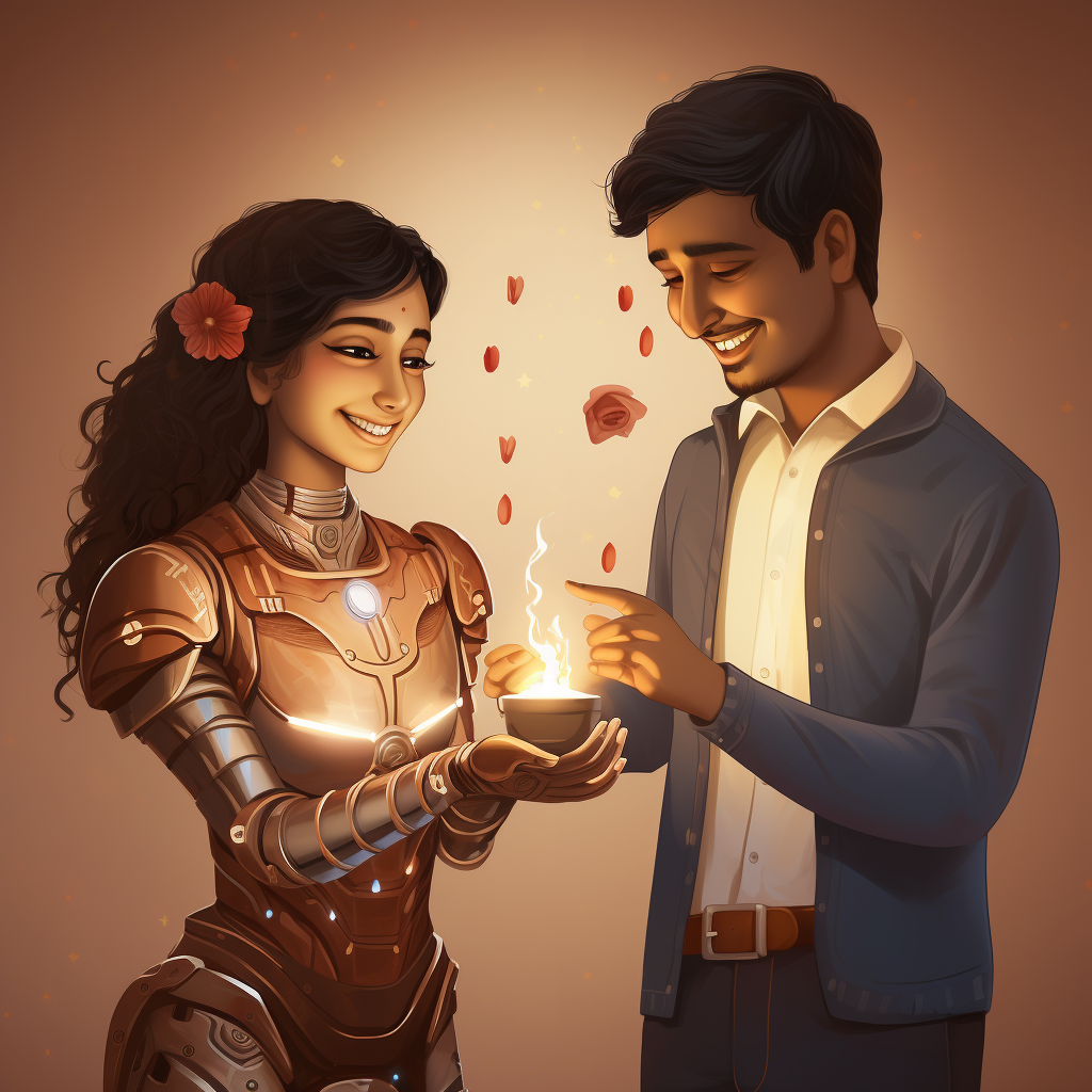 Joyful Diwali celebration with humanoid robot and engineering student  ?