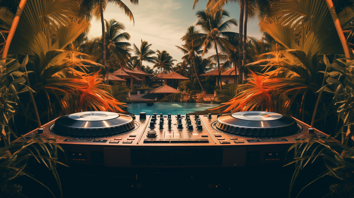 DJ decks on stunning tropical backdrop