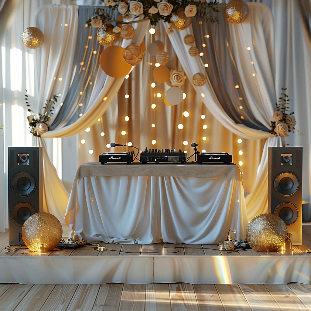 DJ stage with speakers and decorations