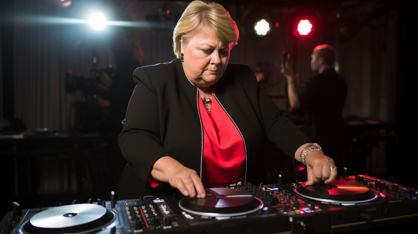 Erna Solberg playing DJ set