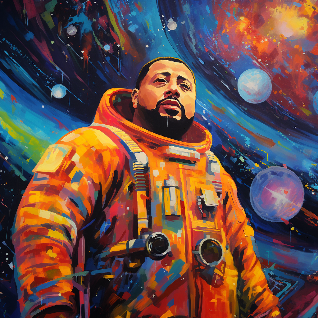 Portrait of DJ Khaled in vibrant cosmos