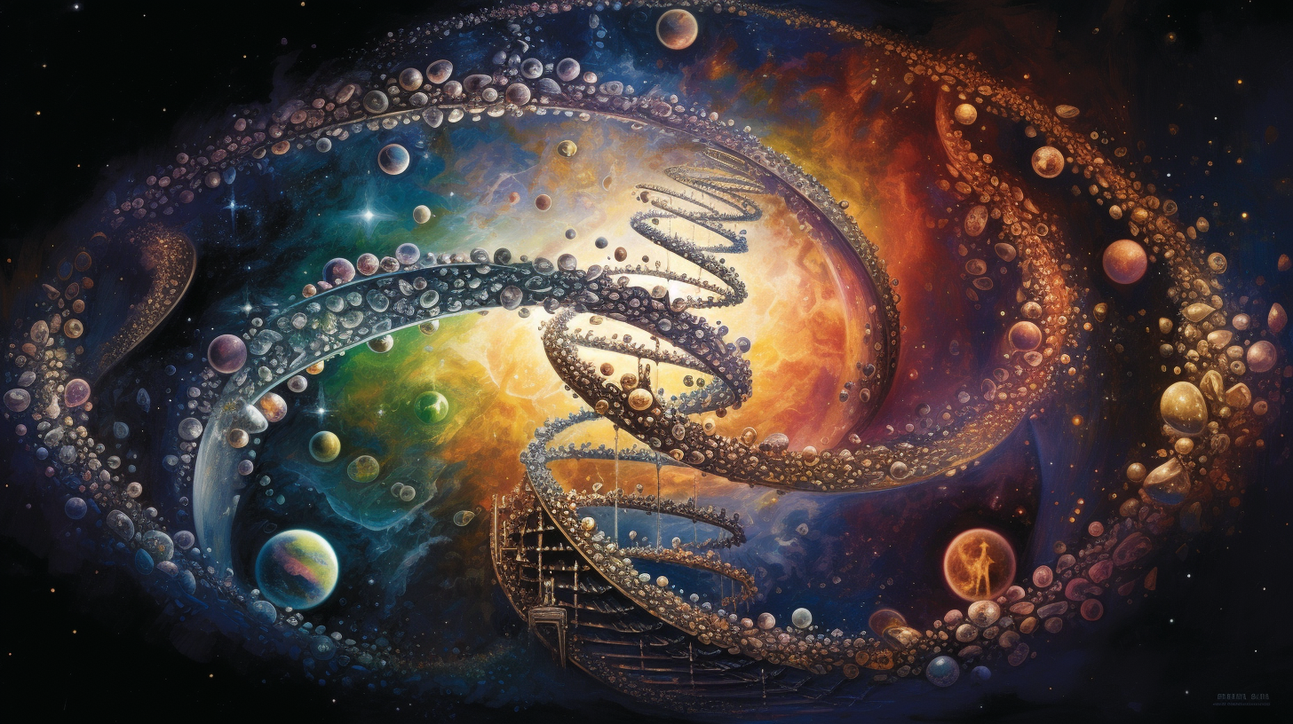 DNA double helix surrounded by cosmic elements