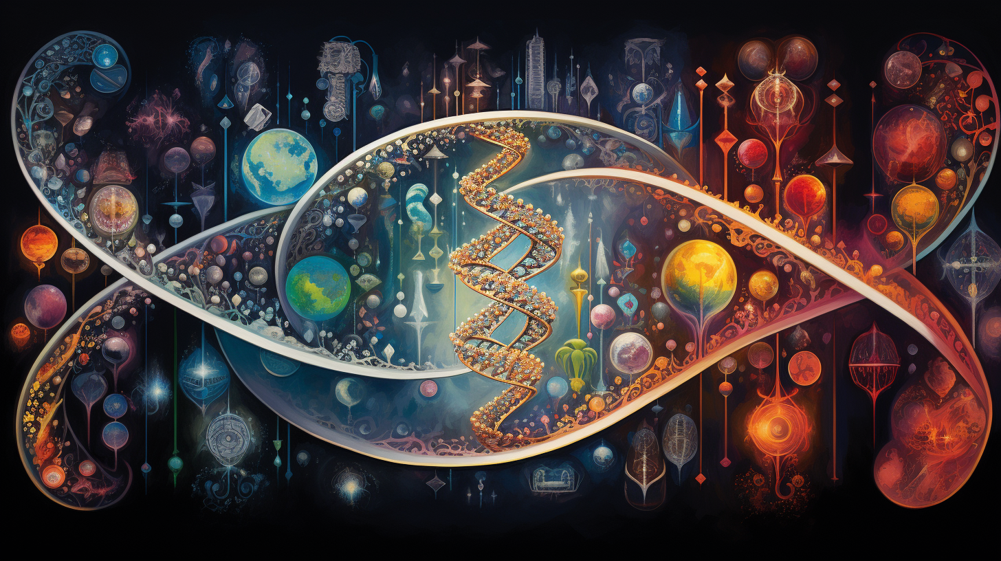 DNA double helix surrounded by cosmic elements