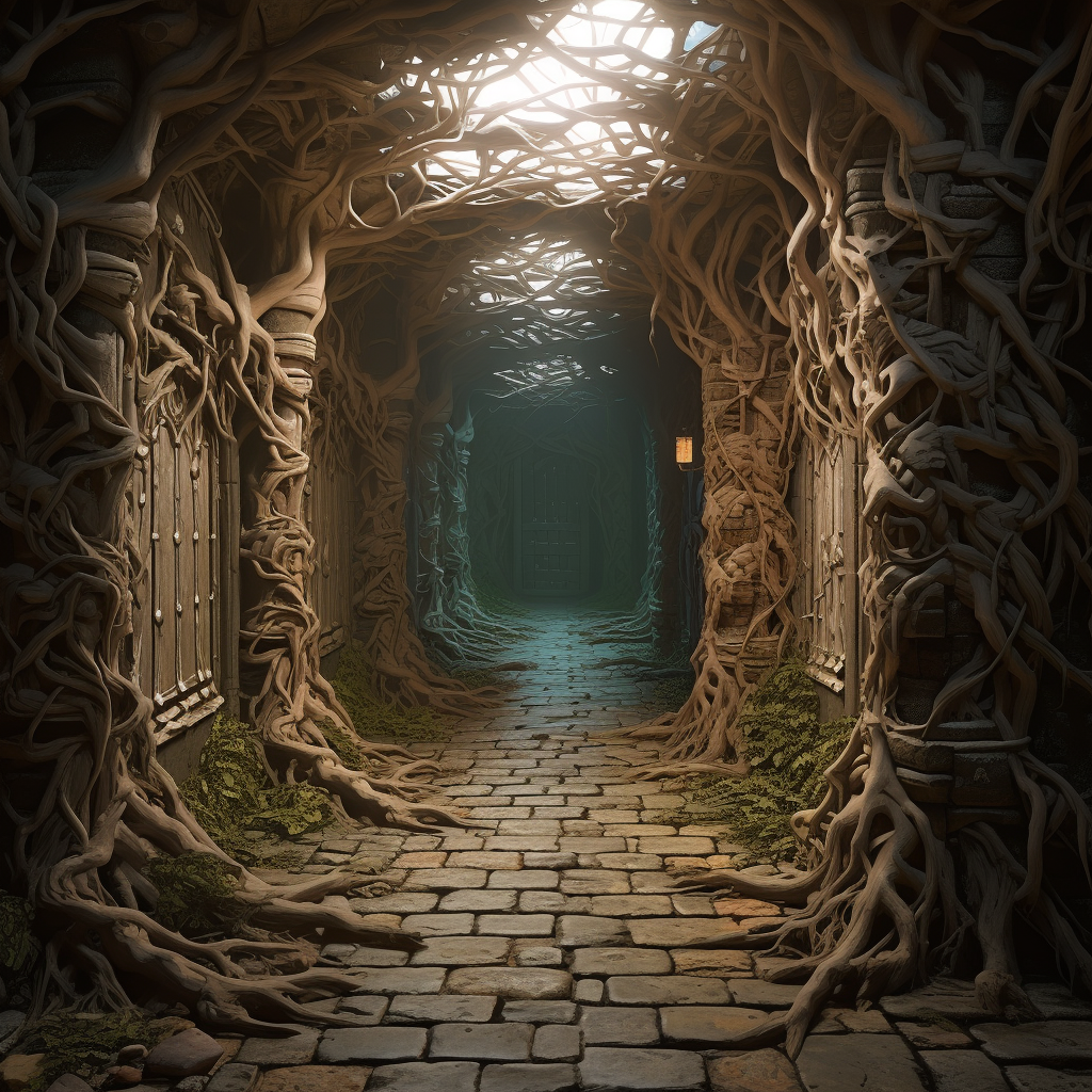 Enchanting hallway with root walls