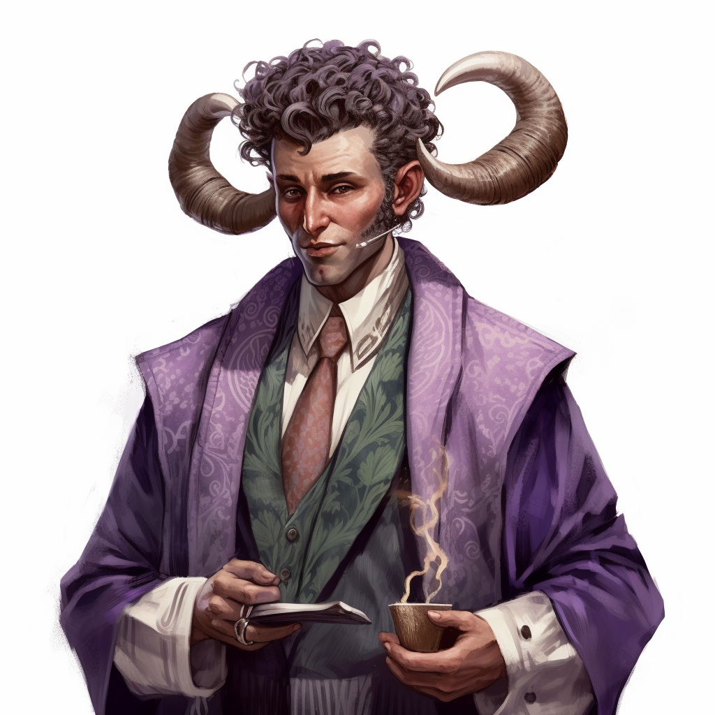 Dungeons and Dragons character with horns and purple eyes