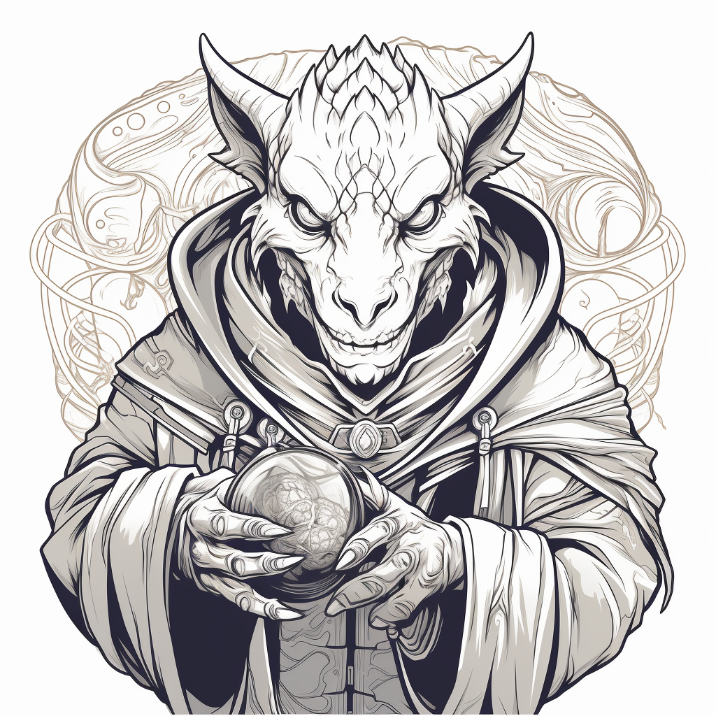 Dragonborn wizard in black and white