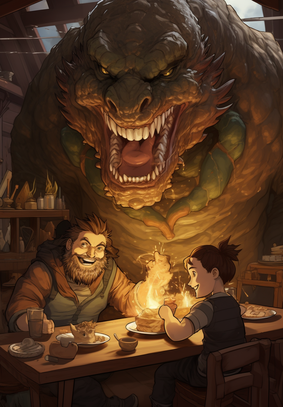 Cartoon-style DnD Storm Giant eating with small kid