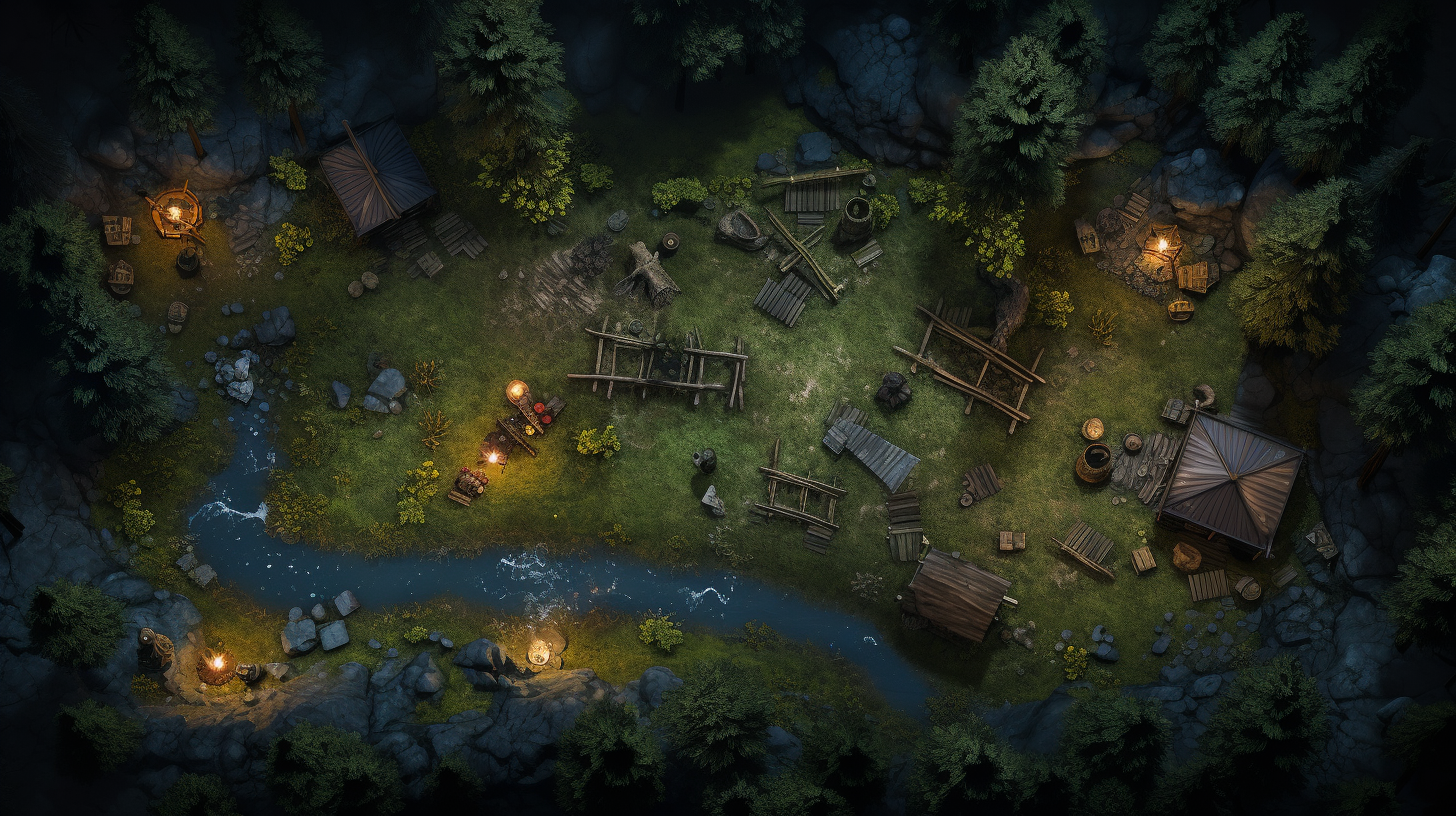 DND style battlemap nighttime campsite guards