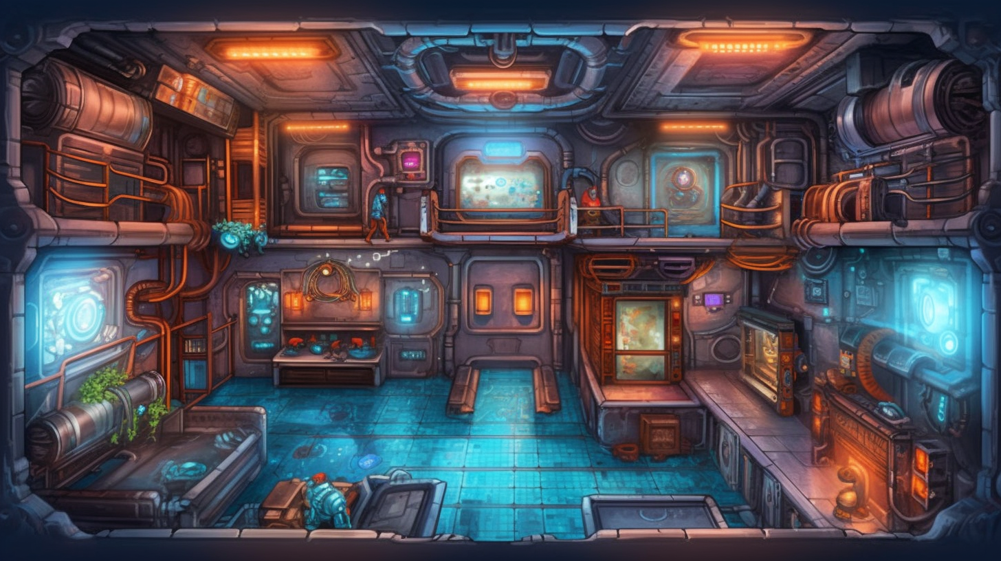 Virtual tabletop map of a sci-fi fantasy laboratory