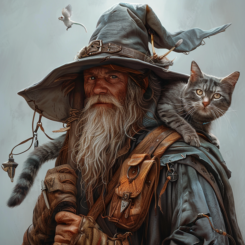 Wizard adventure with gray hat and cat