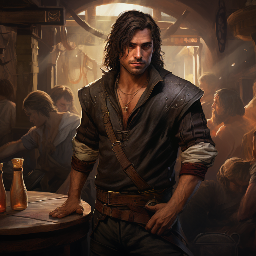 Muscular battle-worn fighter in tavern