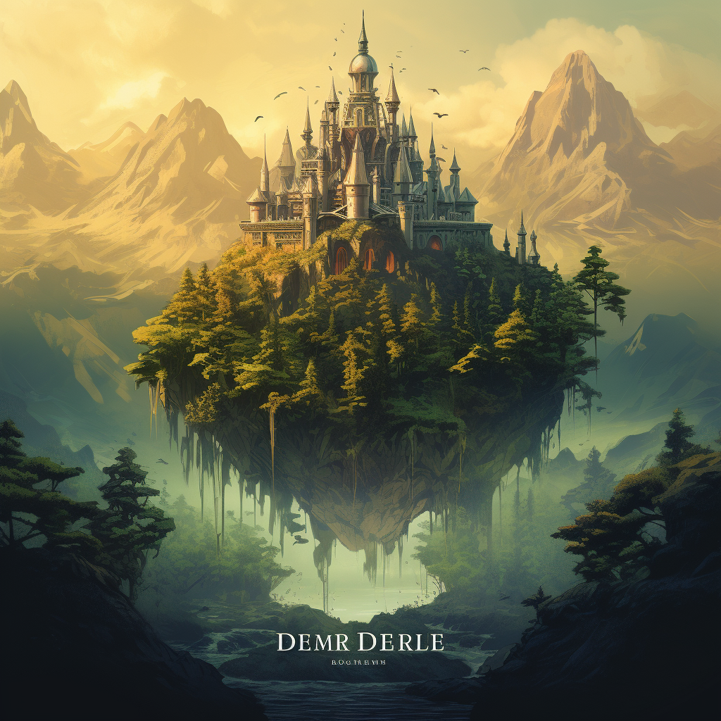 Dark fantasy book cover with floating island castle