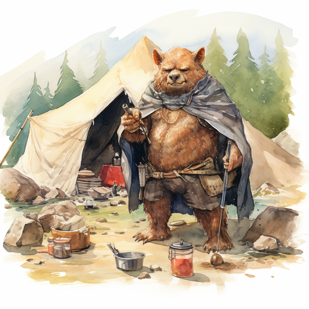 Watercolor illustration of DnD bugbear at campsite