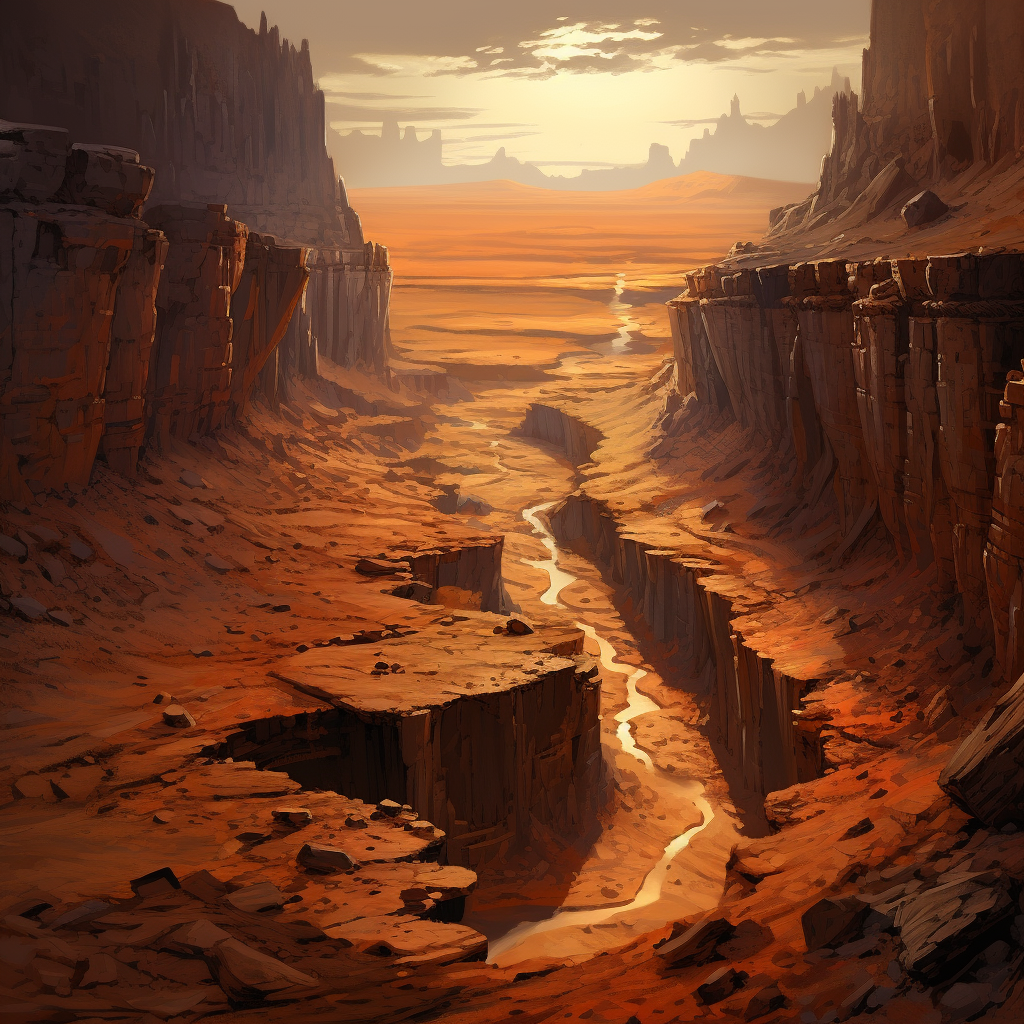 D&D fantasy illustration of a desert chasm edge