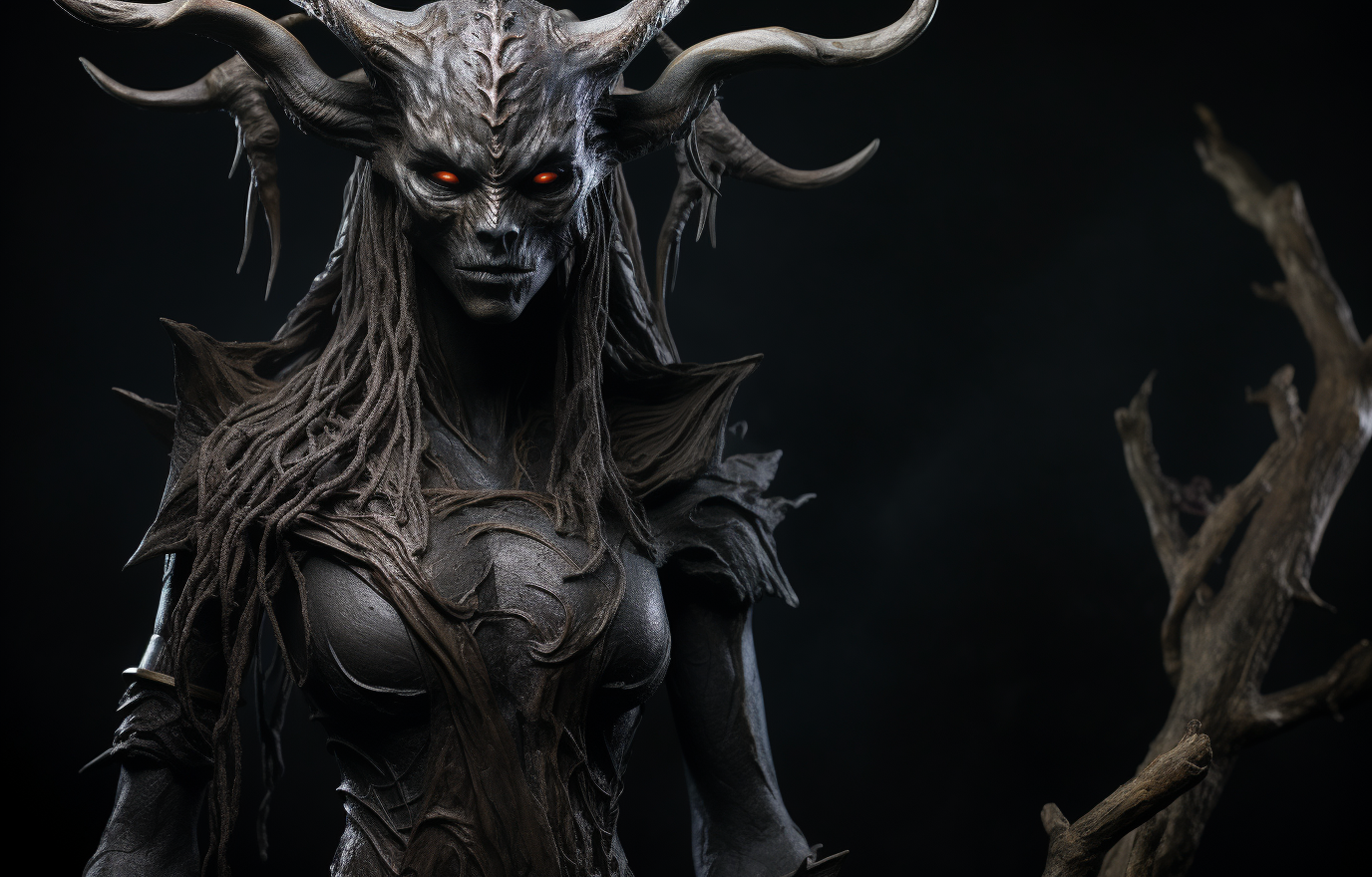A Powerful D&D Hag with Black Skin and Horns