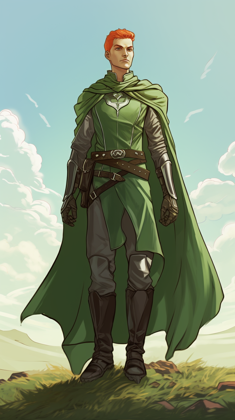 Muscular DND half elf character in green metal armor