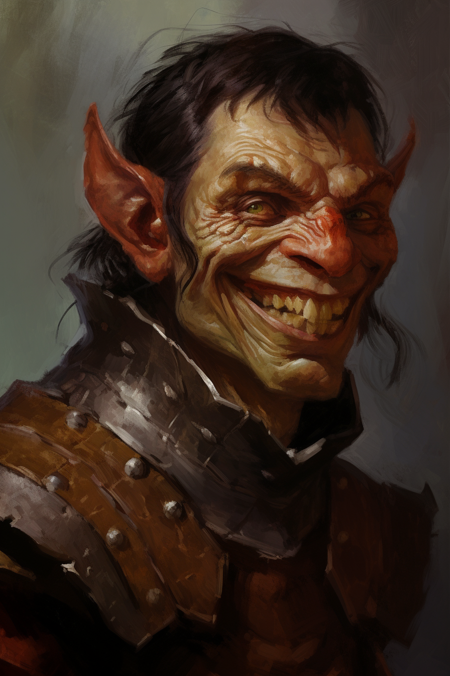 DND hobgoblin male profile oil painting with jolly expression