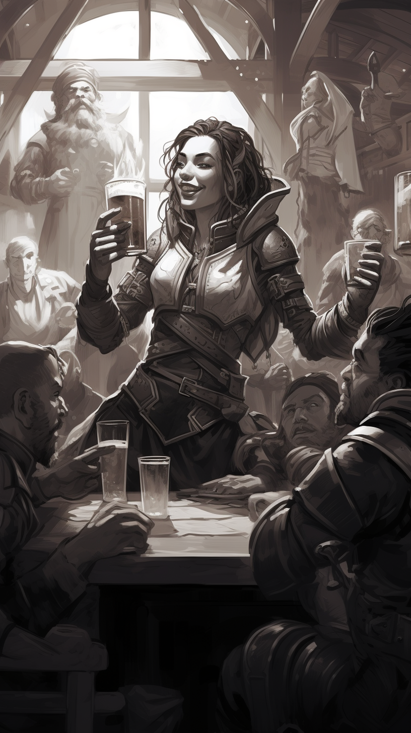 Fantastical black and white DND humanoid characters enjoying ale in a tavern