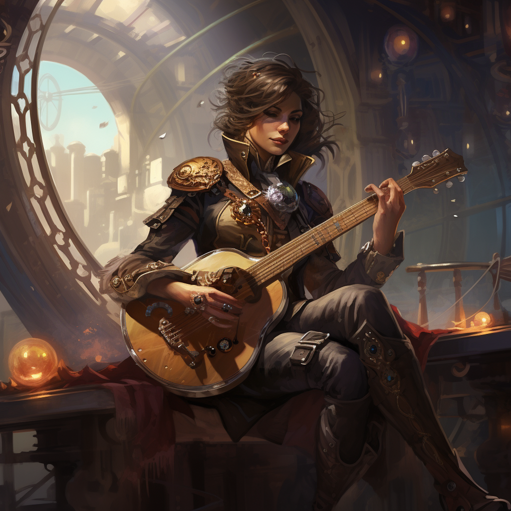 Steampunk Tinkerer playing Lute in D&D Illustration