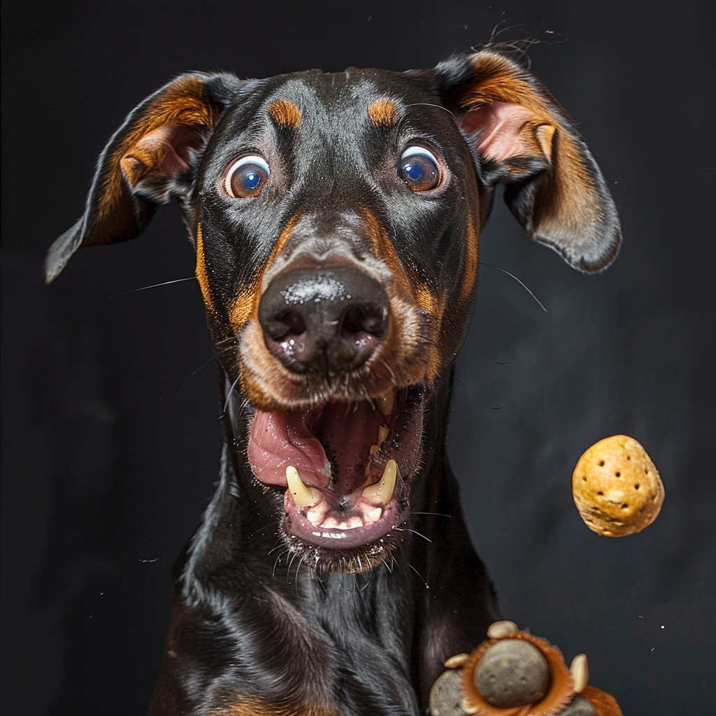 Doberman catching treat with funny face