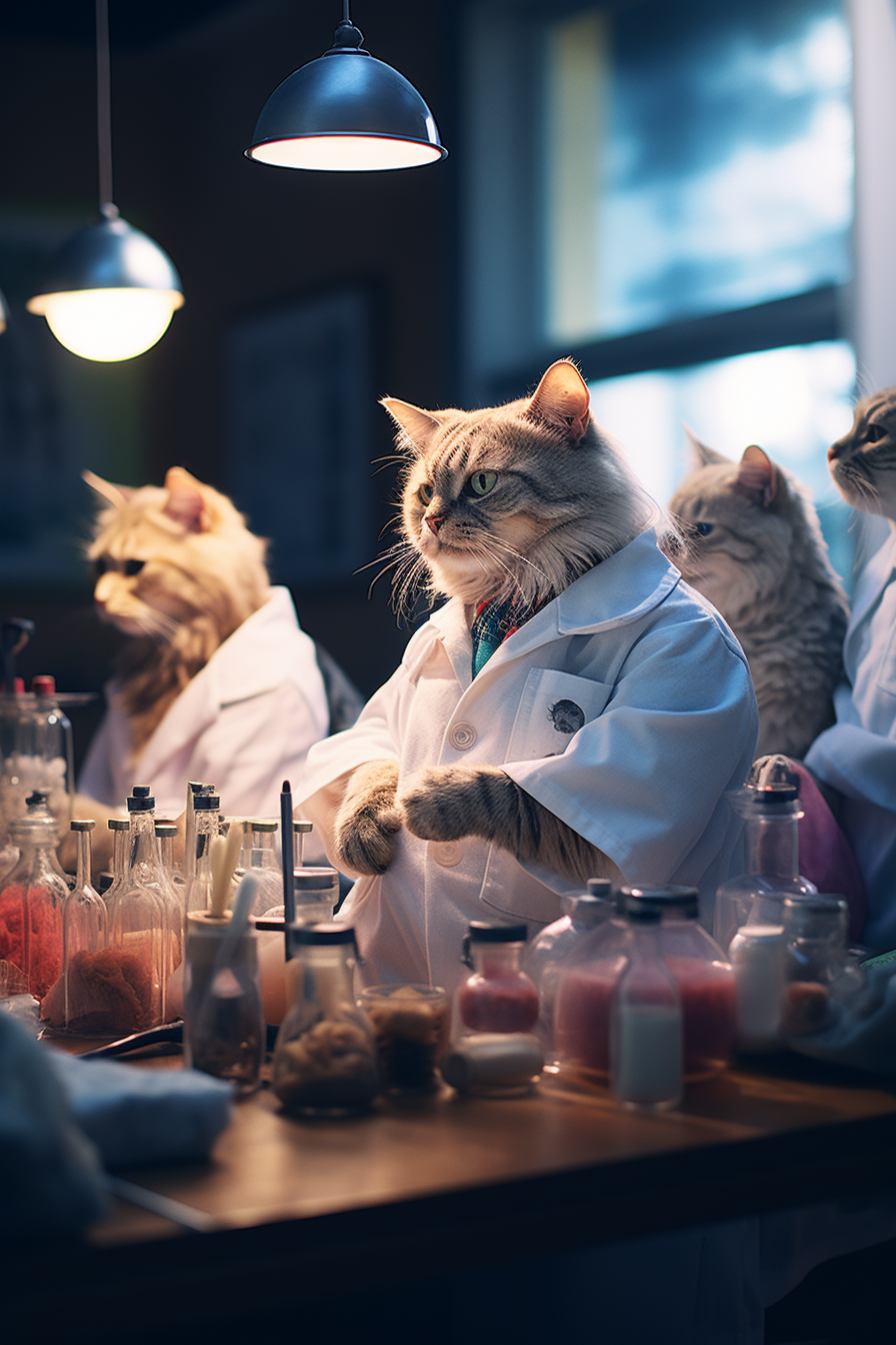 Doctor cat surrounded by sick cats in a room