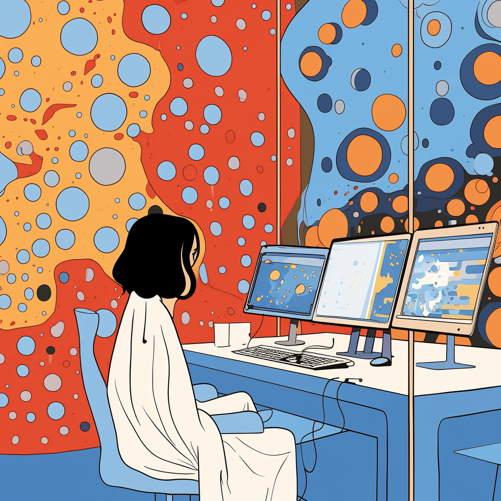 Doctor Using Computer in Hospital, Yayoi Kusama Cartoon