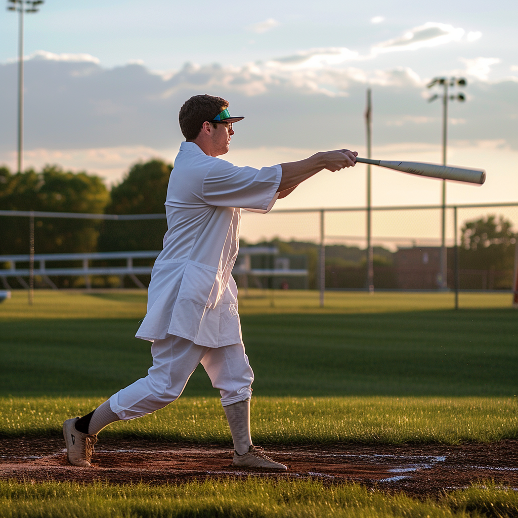 Doctor swinging baseball bat