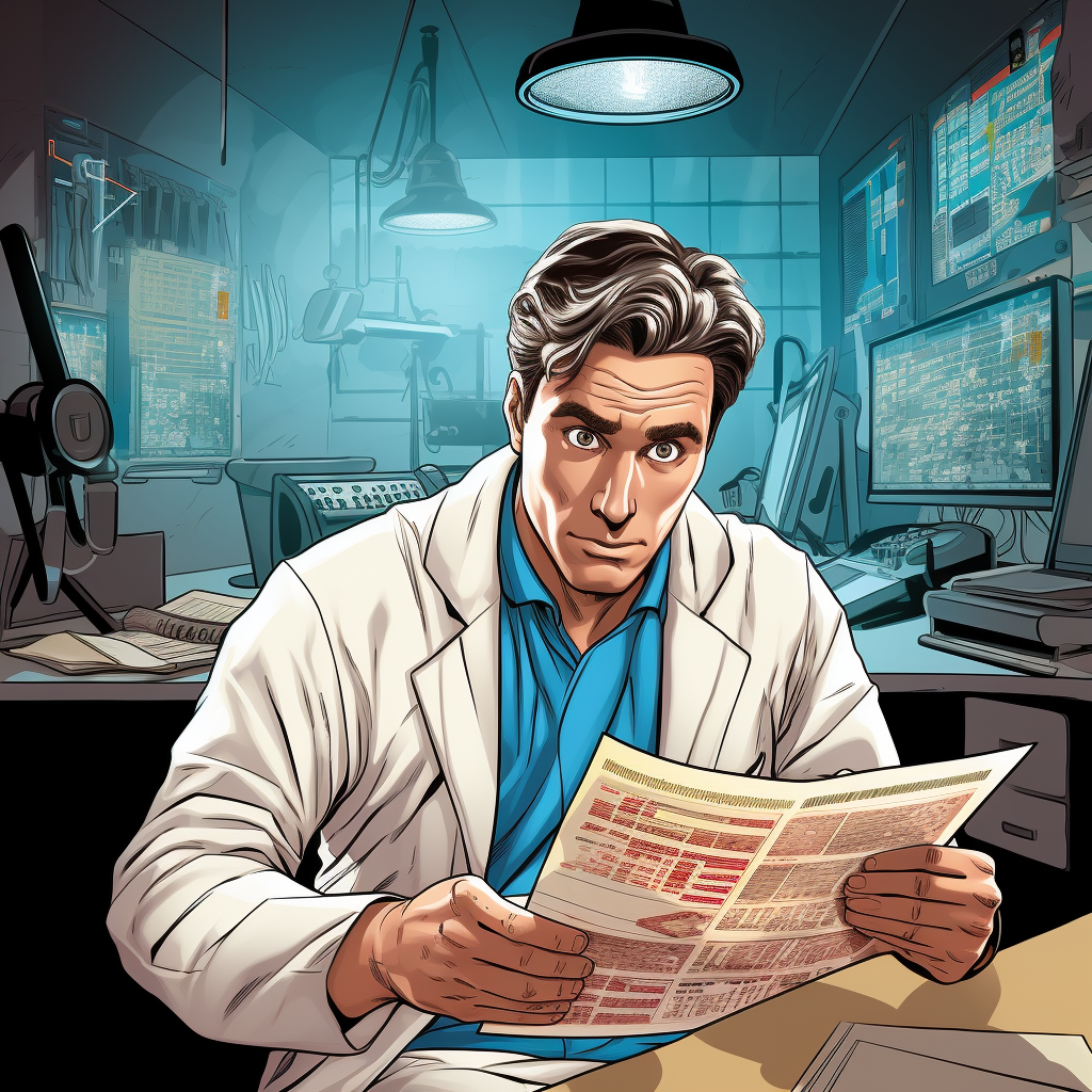 Doctor reading test results comic book style