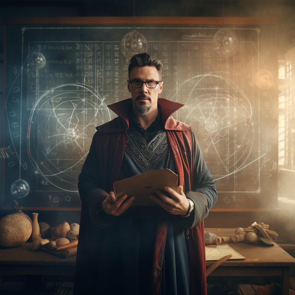 Doctor Strange wearing glasses and standing in front of a school board