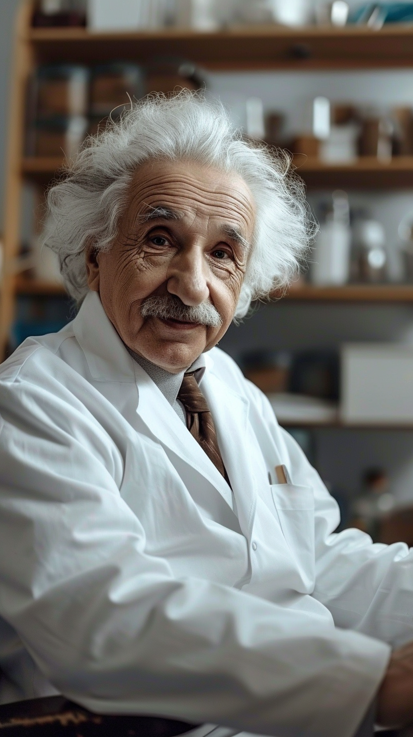 Friendly doctor Einstein in hospital sitting on a chair