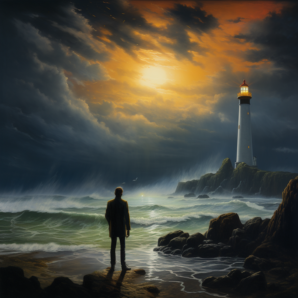 Doctor gazing at distant lighthouse