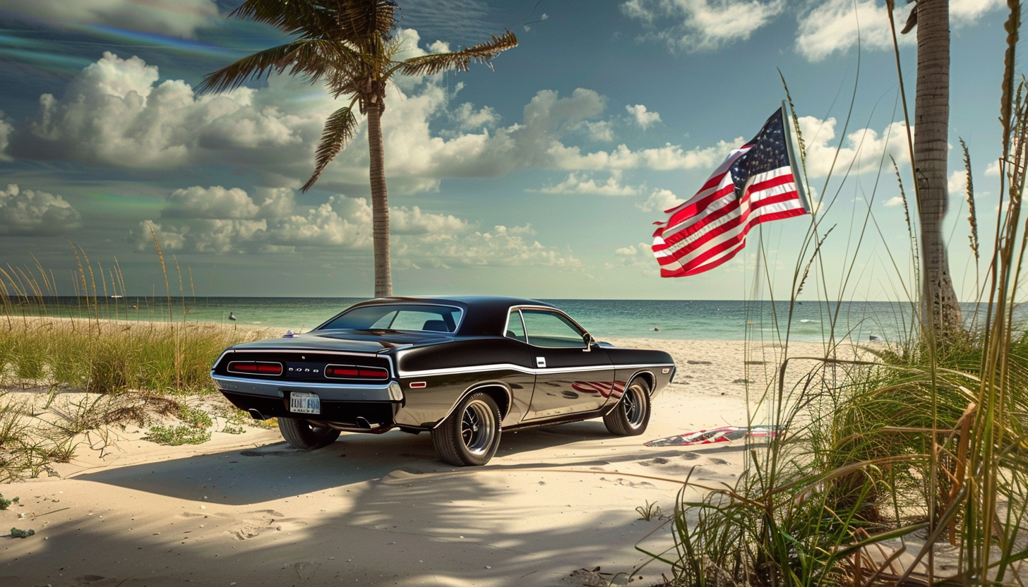 Dodge Challenger on beach with flag