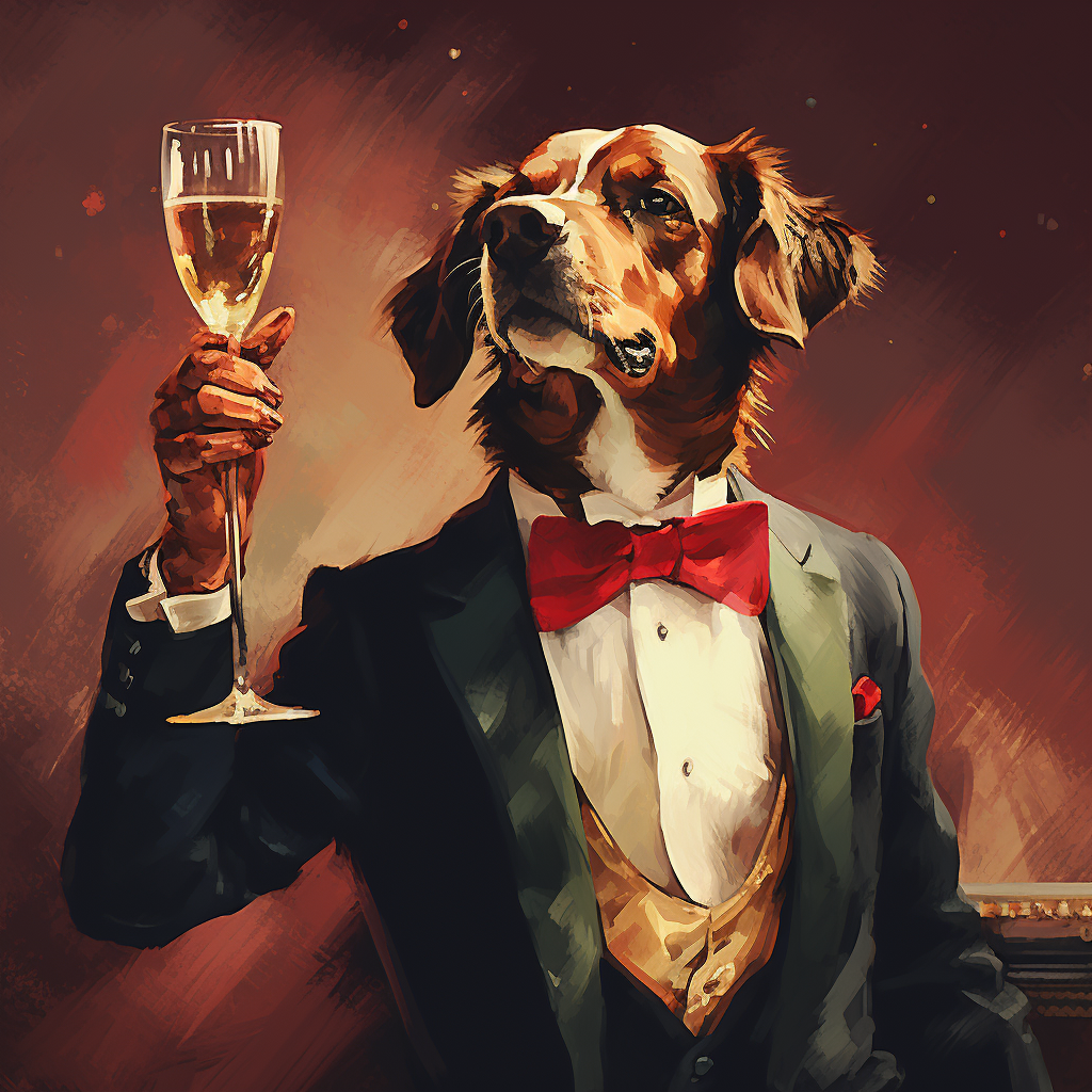 Dog balancing champagne cocktail illustration