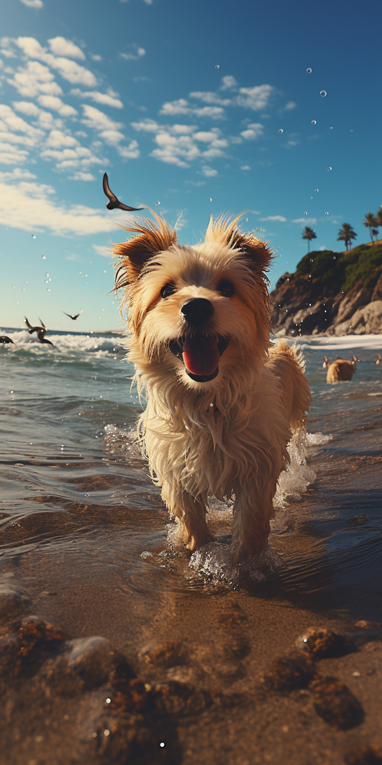 Happy dogs playing with seagulls