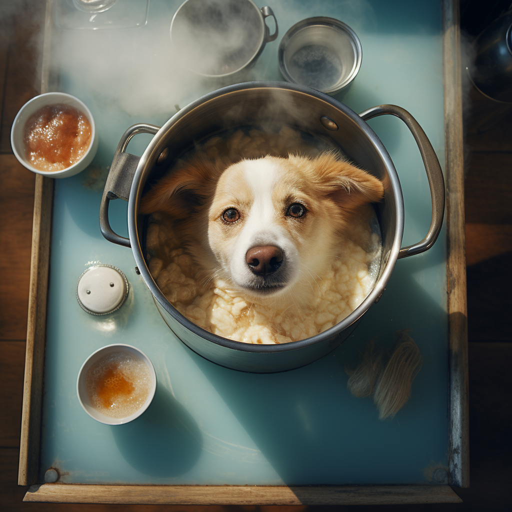 Dog preparing bone broth on metal pot