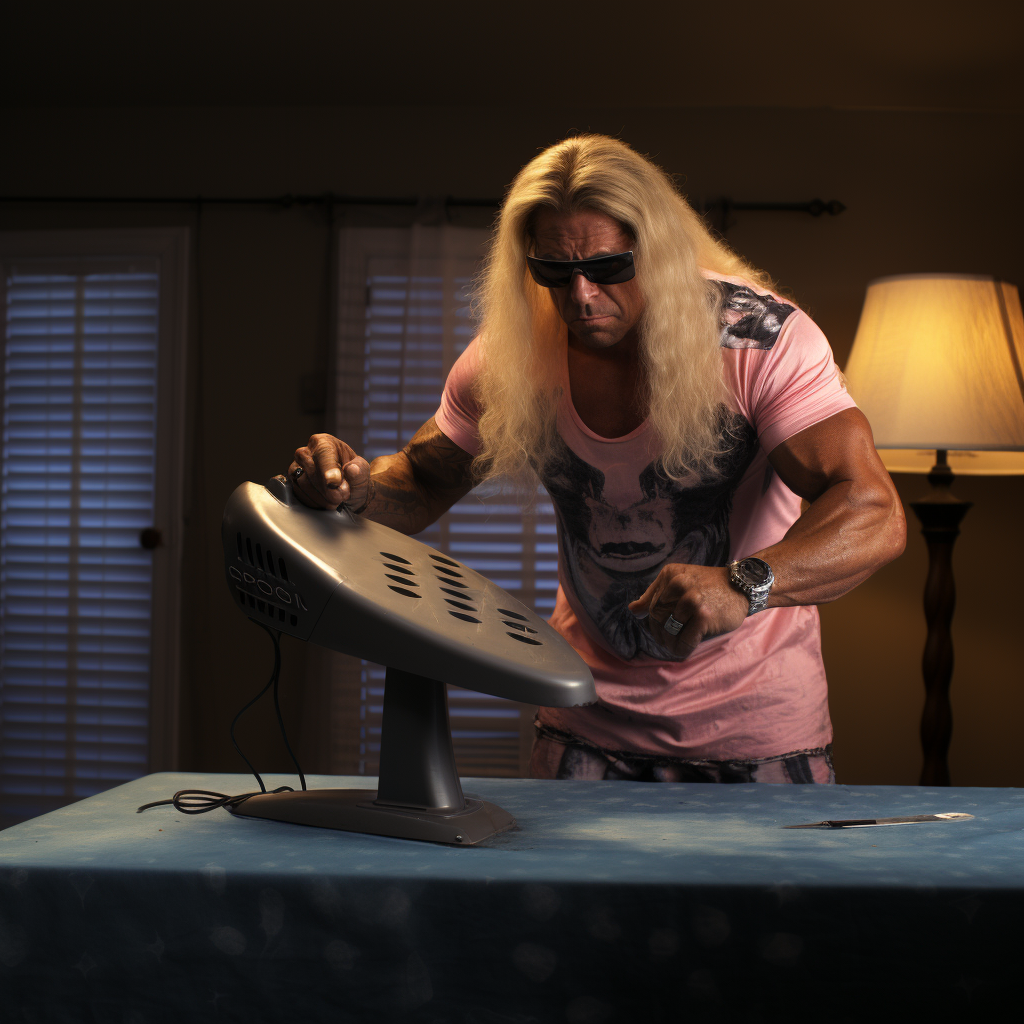 Dog the Bounty Hunter doing keegles on an ironing board