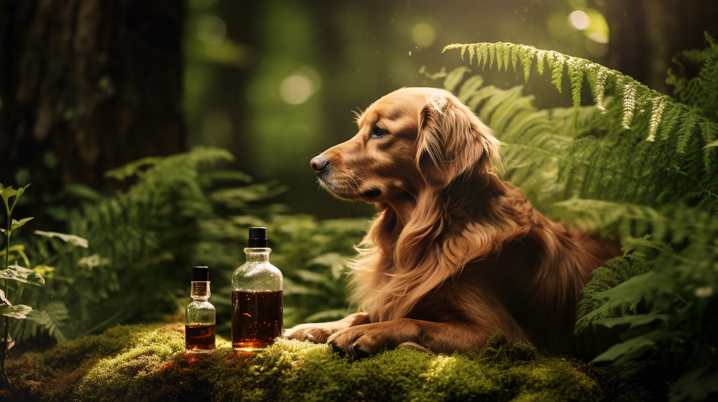 Dog with Brown Bottle in Forest