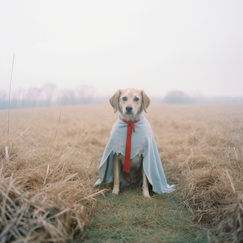 Adorable dog wearing a cape in a ghost-like pose