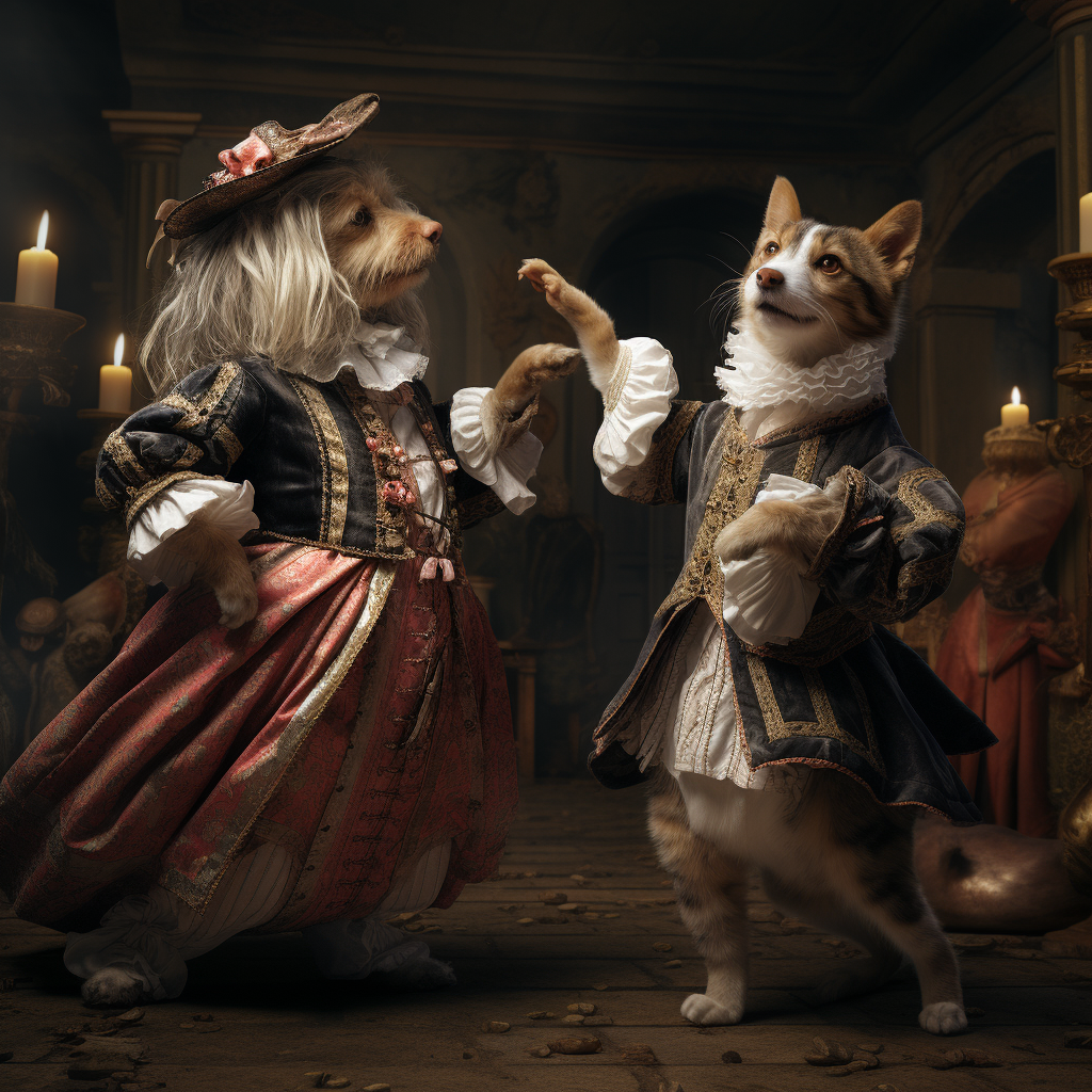 Dog and Cat Dancing in Renaissance Outfit