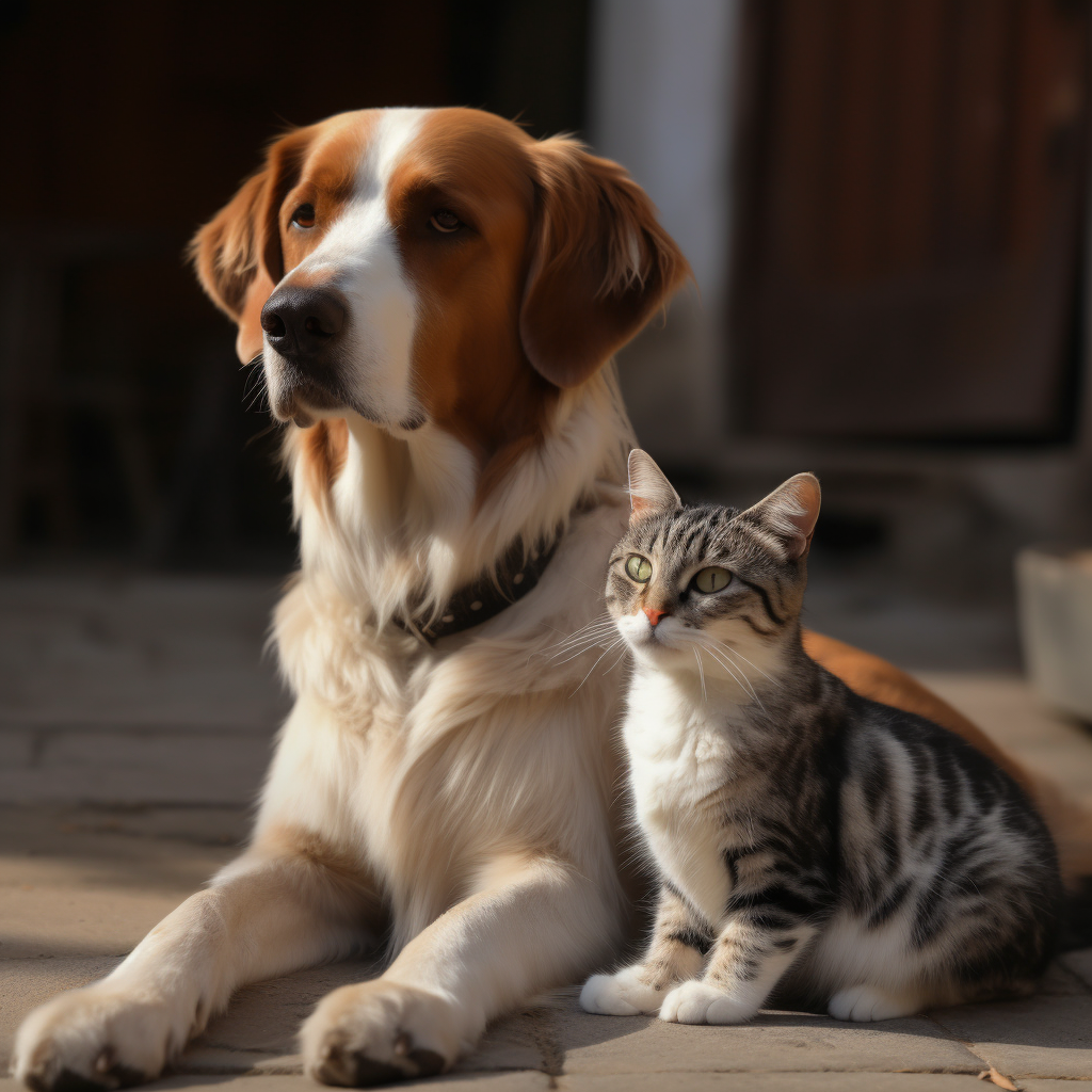 Adorable dog and cat playing together