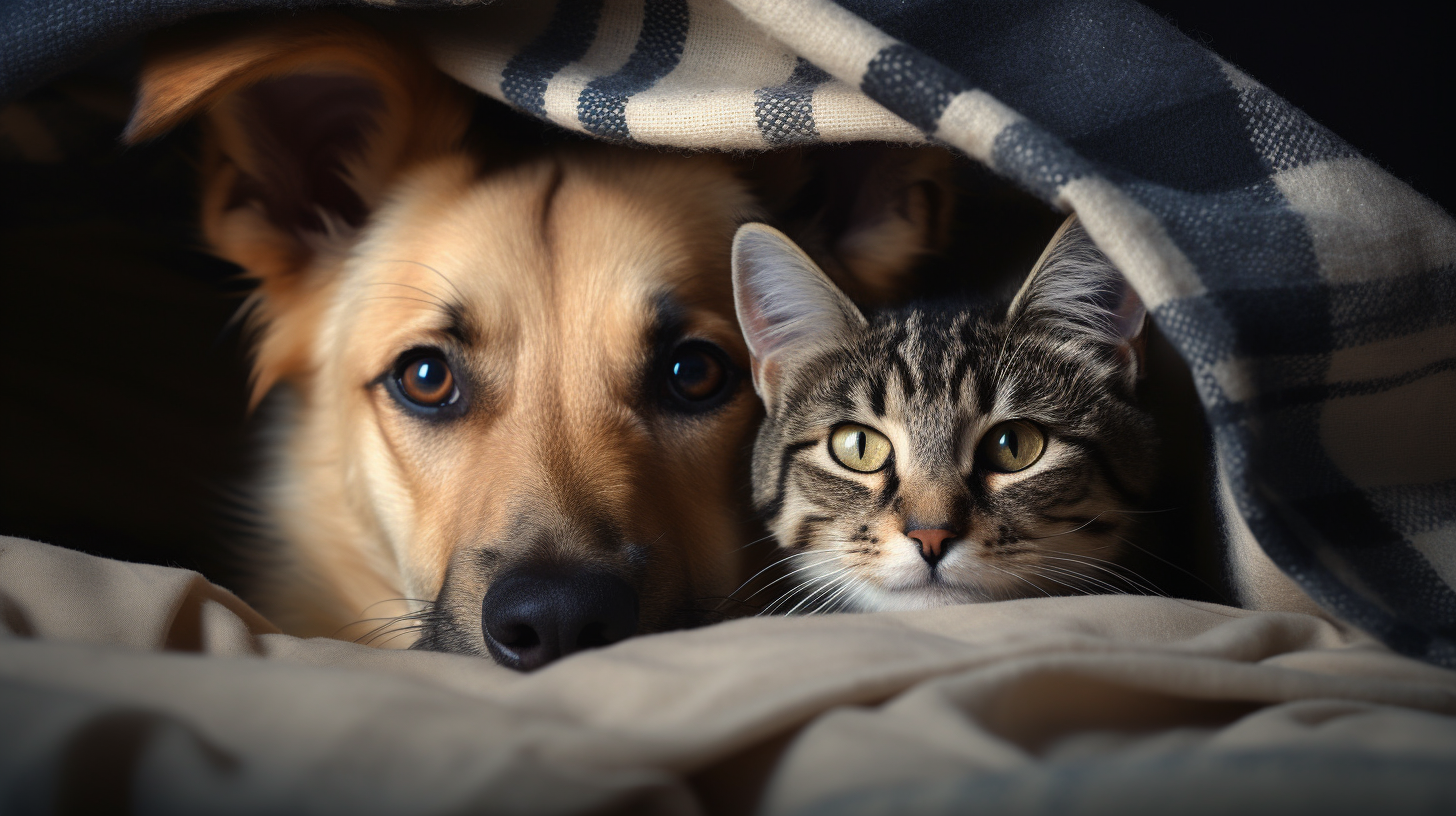 Cute dog and cat under blanket