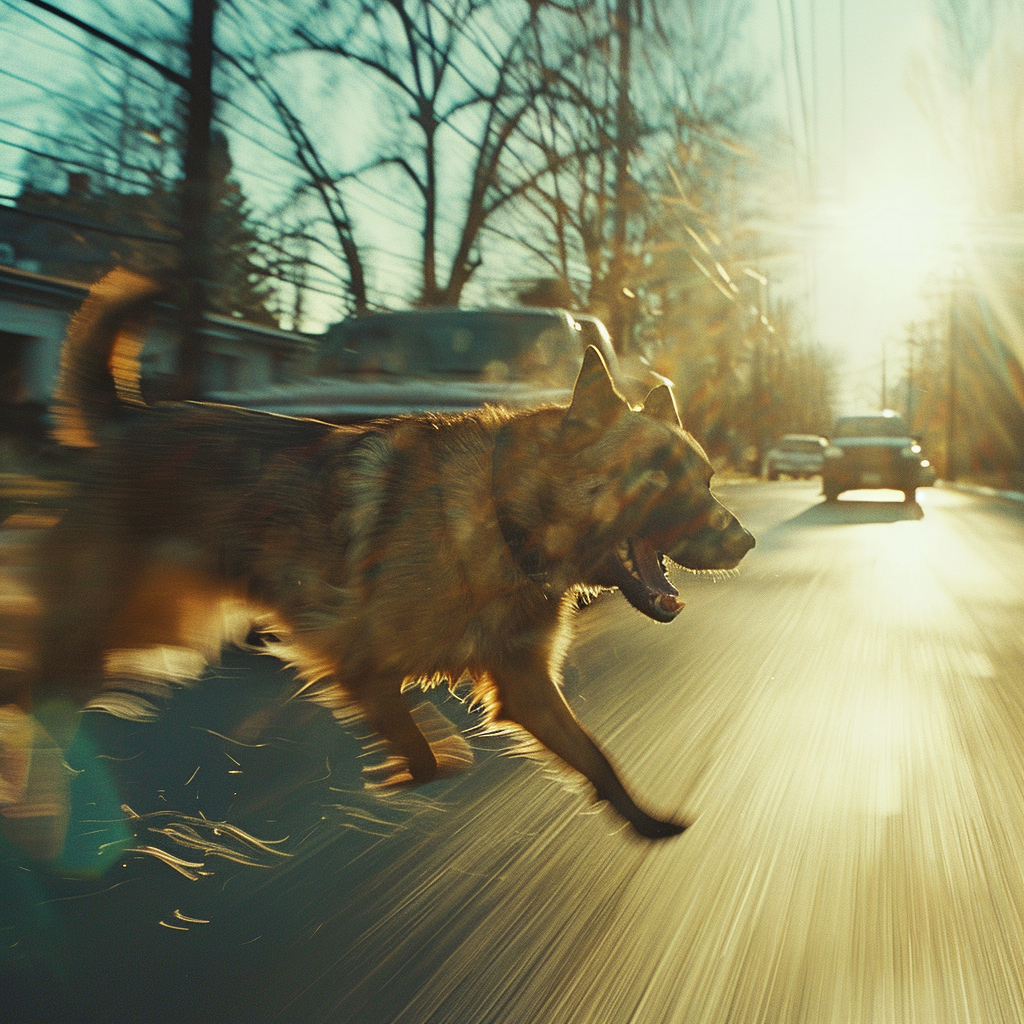 Dog chasing car in cinematic shot