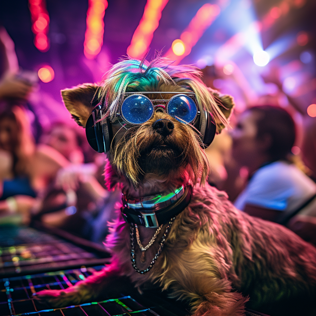 Dog DJ spinning at a laser-filled rave