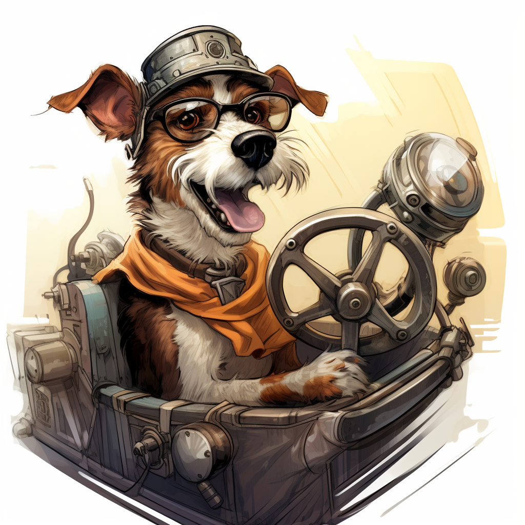 Cartoon illustration of a dog driving a vehicle