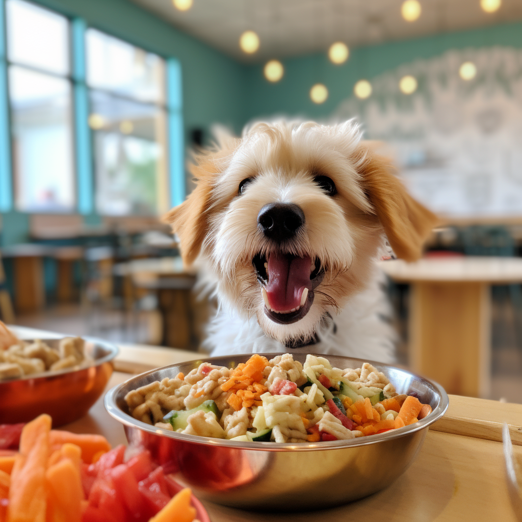 Dog Eating Gourmet Food in Daycare