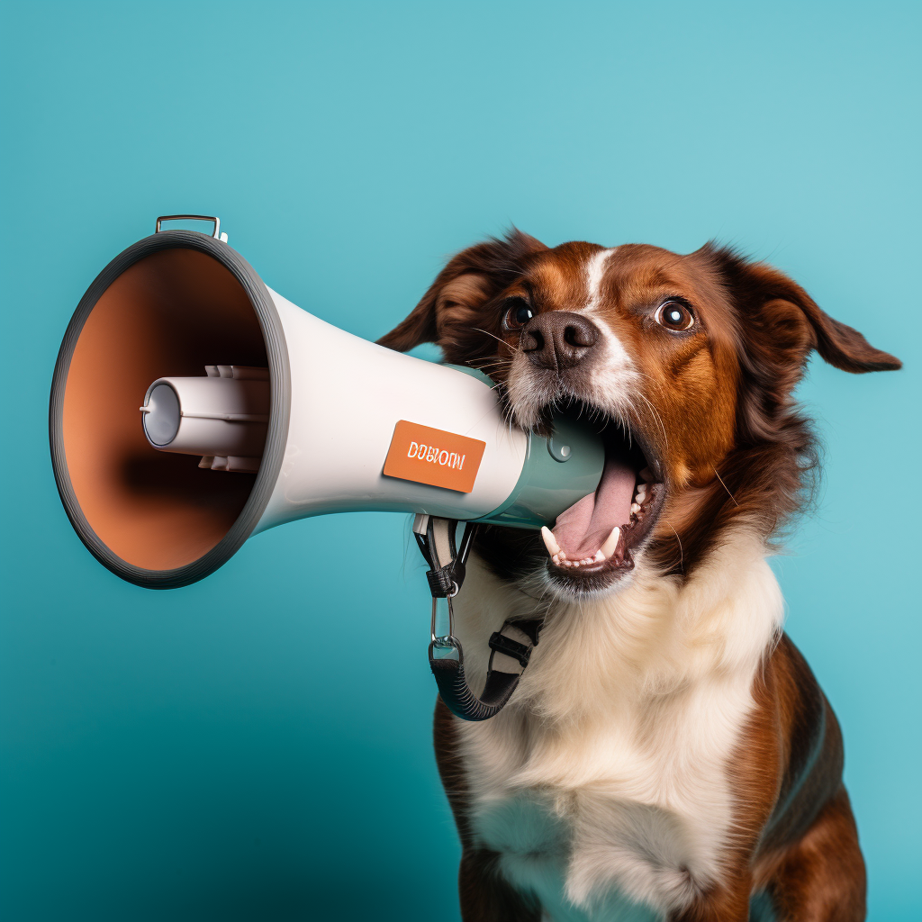 Dog holding a megaphone on light blue background